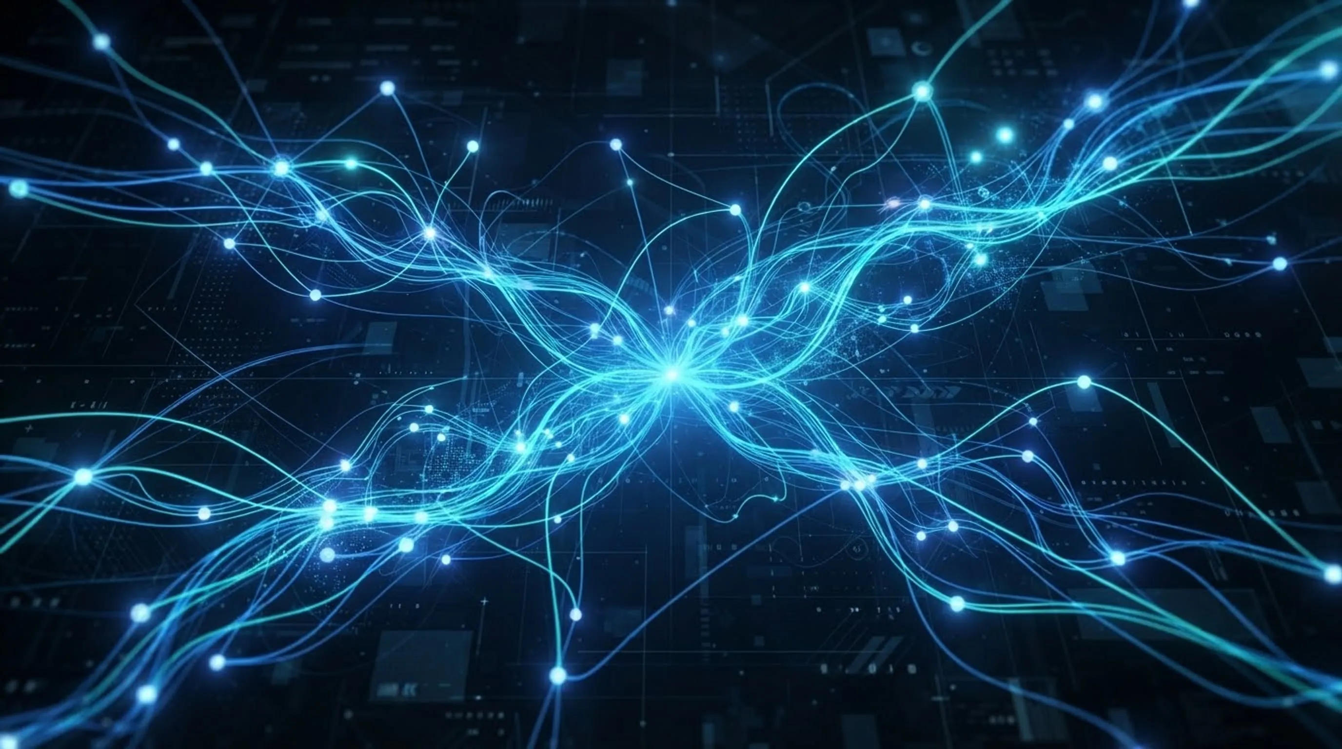 Visualización abstracta de una red neuronal: nodos luminosos conectados por líneas.